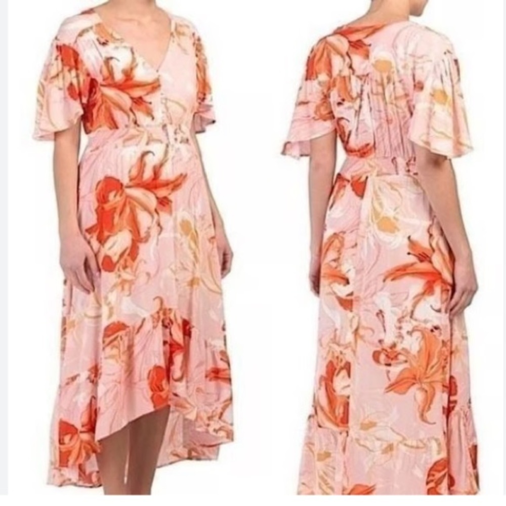 Anthropologie Pink and Orange Floral High Low Dress